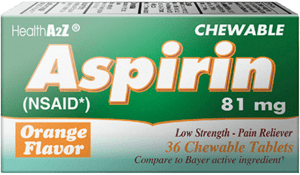 قرص جویدنی HealthA2Z® Aspirin 81mg برای حمایت از سلامت قلب، کاهش ریسک لخته خون و مصرف آسان روزانه.