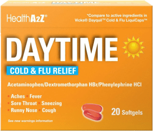 کپسول نرم HealthA2Z® Daytime Cold & Flu Relief برای کاهش علائم سرماخوردگی و آنفولانزا شامل تب، درد و گرفتگی بینی.