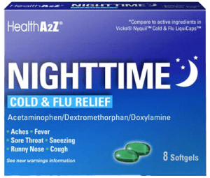 کپسول شبانه HealthA2Z® Nighttime Cold & Flu Relief برای کاهش علائم سرماخوردگی و آنفولانزا و کمک به خواب راحت.