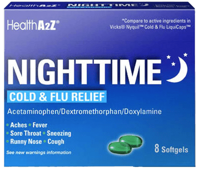کپسول شبانه HealthA2Z® Nighttime Cold & Flu Relief برای کاهش علائم سرماخوردگی و آنفولانزا و کمک به خواب راحت.