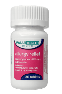قرص Valu Health Allergy Relief 25mg برای کاهش علائم آلرژی، عطسه و حساسیت‌های فصلی.