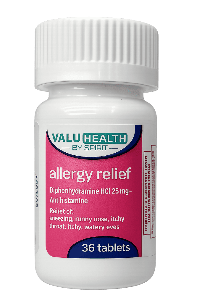 قرص Valu Health Allergy Relief 25mg برای کاهش علائم آلرژی، عطسه و حساسیت‌های فصلی.