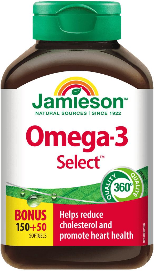 Jamieson Omega-3 Select 300mg برای حمایت از سلامت قلب، مغز و سیستم عصبی.